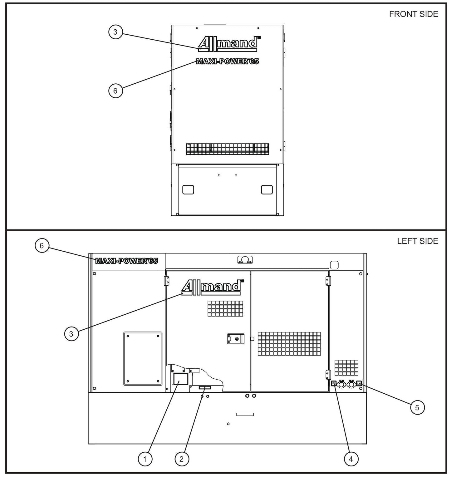 Left and Front Side Enclosure Decals Assembly Parts for MAXI-POWER 65 (T4F) (24-000500 and UP) by Allmand