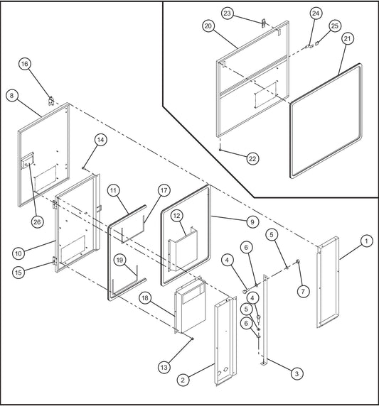 Left Enclosure Panels and Doors Assembly Parts for MAXI-POWER 25 (MP25) (T4F DSE CONTROLLER), (21-000001 and UP) by Allmand