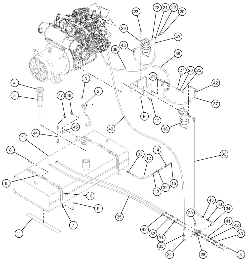 Fuel Tank and Fuel Lines Assembly Parts for MAXI-POWER 25 (MP25) (T4F DSE CONTROLLER), (21-000001 and UP) by Allmand