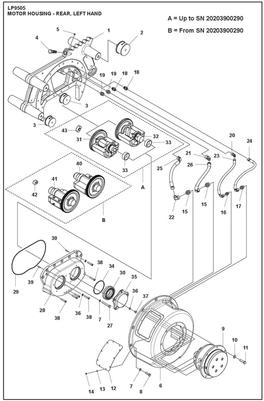 Motor Housing- Rear, Left Hand Parts For LP 9505 Trench Roller By Husqvarna