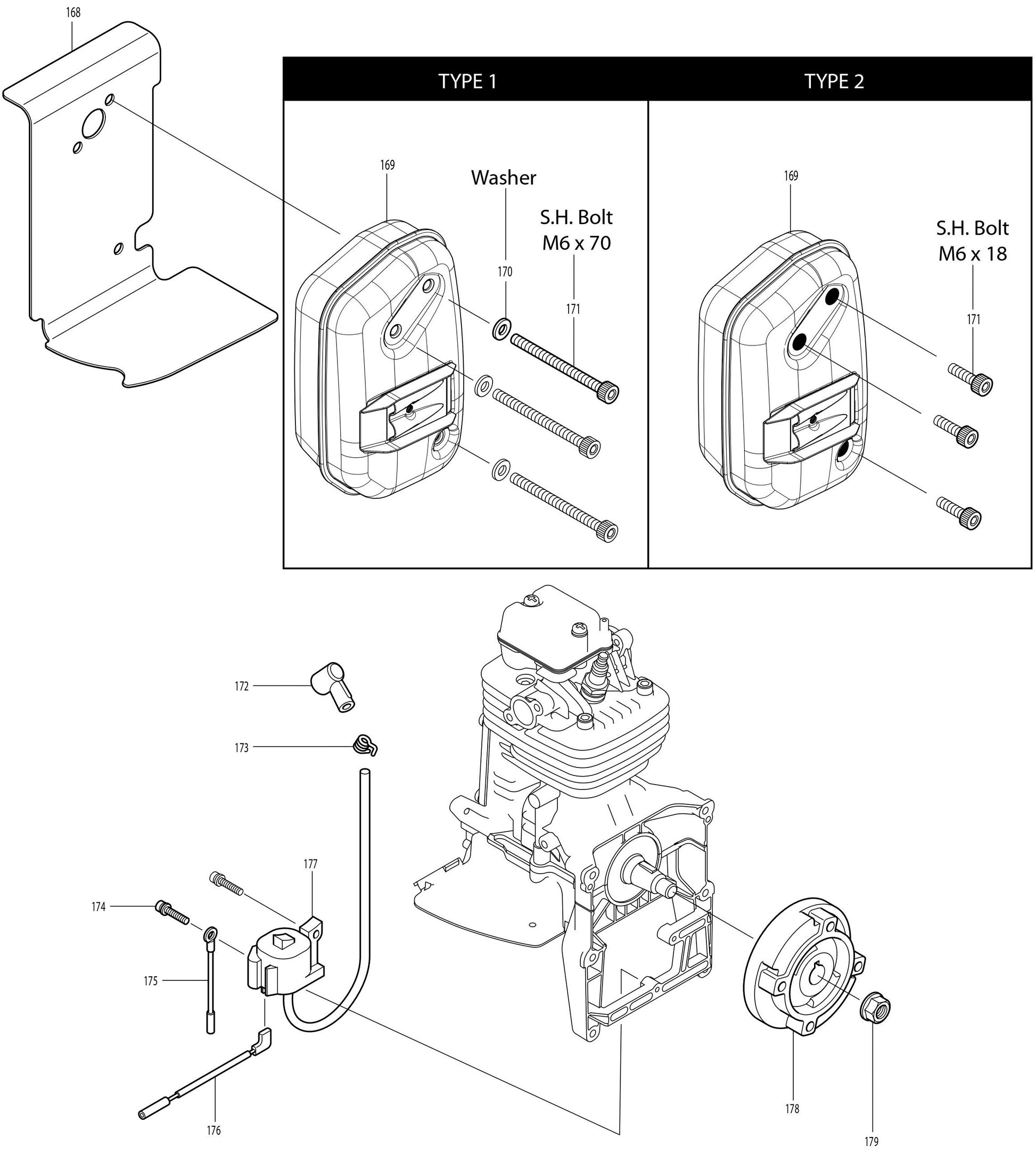 Muffler, Ignition Coil Assembly Parts For BBX7600N Blower, BBX7600N - 4-Stroke Bagpack Blower, BBX7600 - 4-Stroke Bagpack Blower, BBX7600CA - 75.6 CC Bagpack Blower Parts By Makita