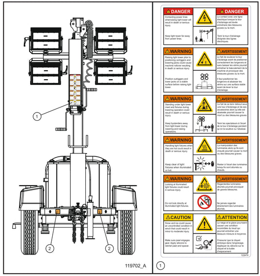 Front Side English and French Decals Assembly Parts for GR Series Night-Lite Chain (SN 26-000001 to 26-999999) by Allmand