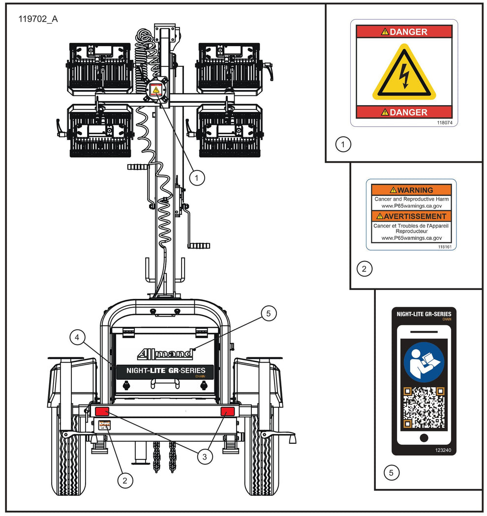 Rear Side English and French Decals Assembly Parts for GR Series Night-Lite Chain (SN 26-000001 to 26-999999) by Allmand
