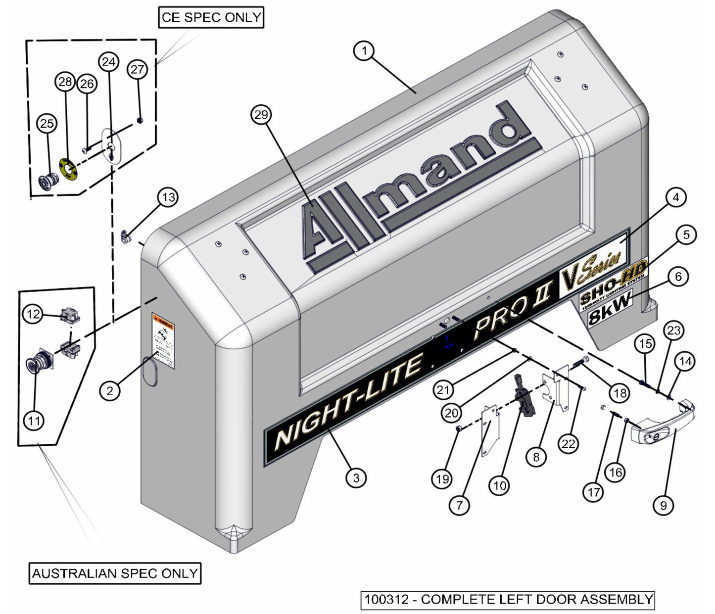 Left Door Assembly Parts for V-Series 50 & 60Hz Night Light Pro II (0001PRO2V11 TO 0380PRO2V14) by Allmand