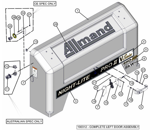 Left Door Assembly Parts for V-Series 50 & 60Hz Night Light Pro II (0001PRO2V11 TO 0380PRO2V14) by Allmand