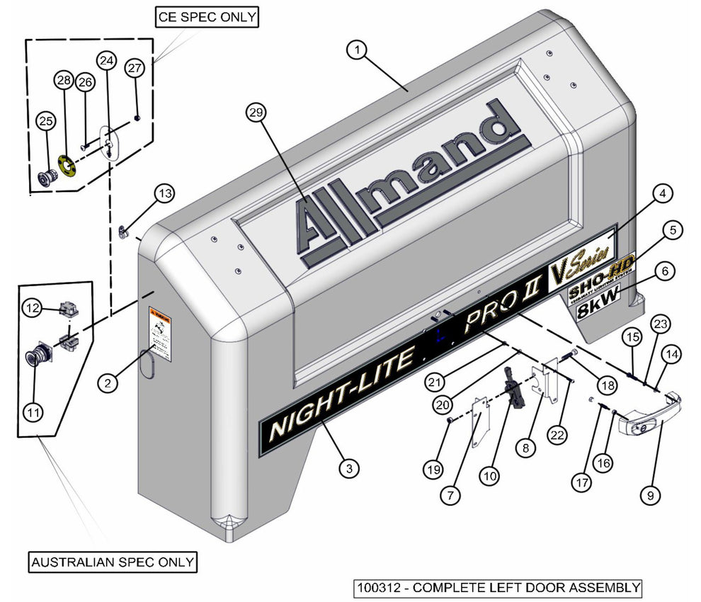 Left Door Assembly Parts for V-Series 50 & 60Hz Night Light Pro II (0001PRO2V11 TO 0380PRO2V14) by Allmand