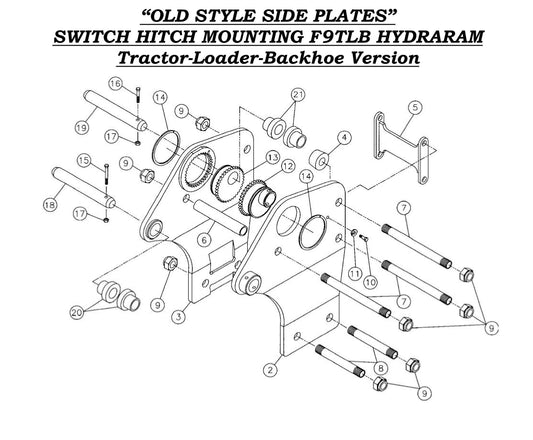 &quot;Old Style Side Plates&quot; Switch Hitch Mounting F9TLB Hydraram, Tractor-Loader-Backhoe version