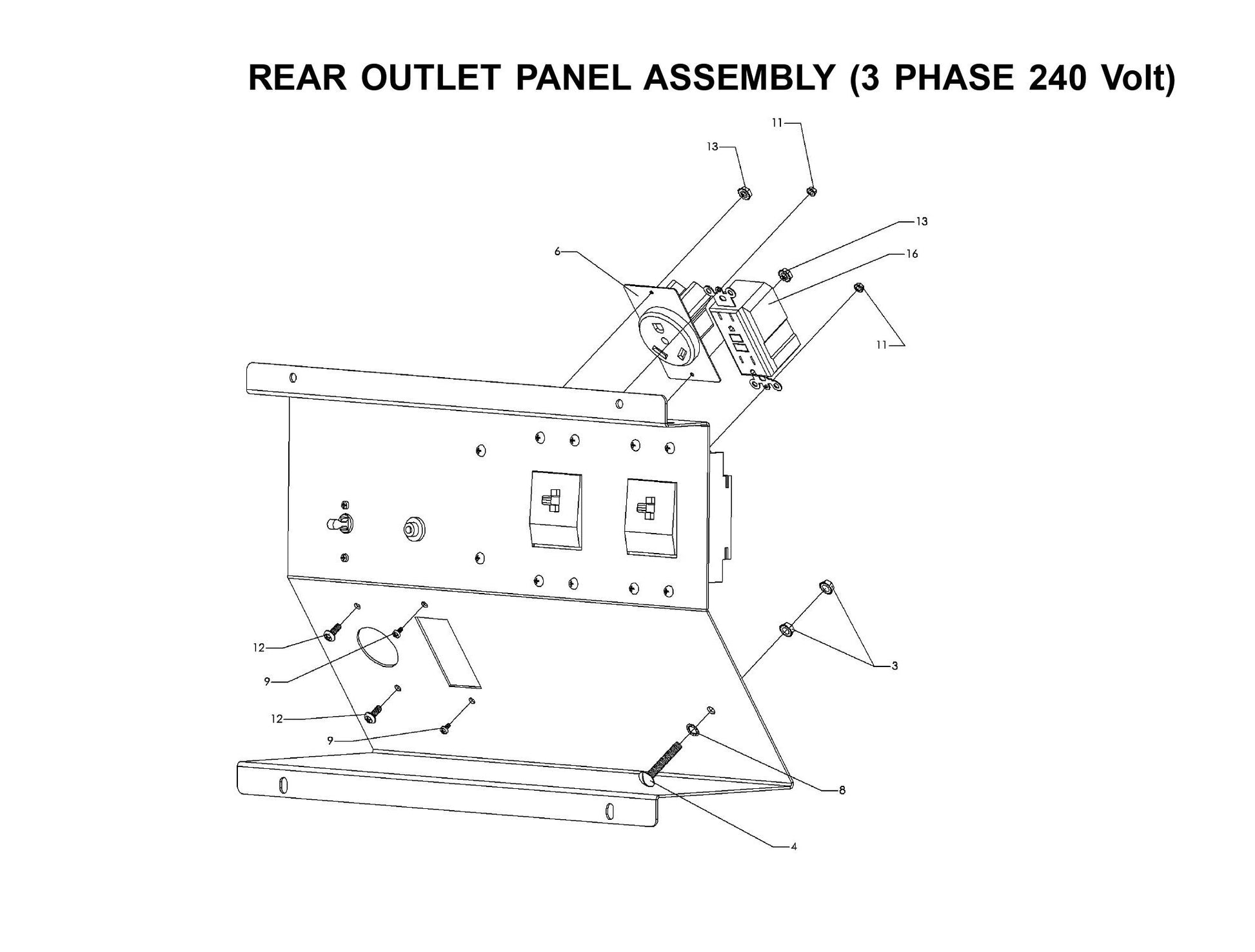 V-Series Maxi-Lite 15-20KW-Rear Outlet Panel Assembly 3 Phase 240 Volt (Fig 2) Parts By Allmand