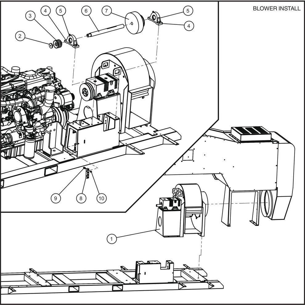 Blower Fan, Shaft, and Pulley Group (1 of 2) Assembly Parts for SH-750 (17-000001 and UP) by Allmand