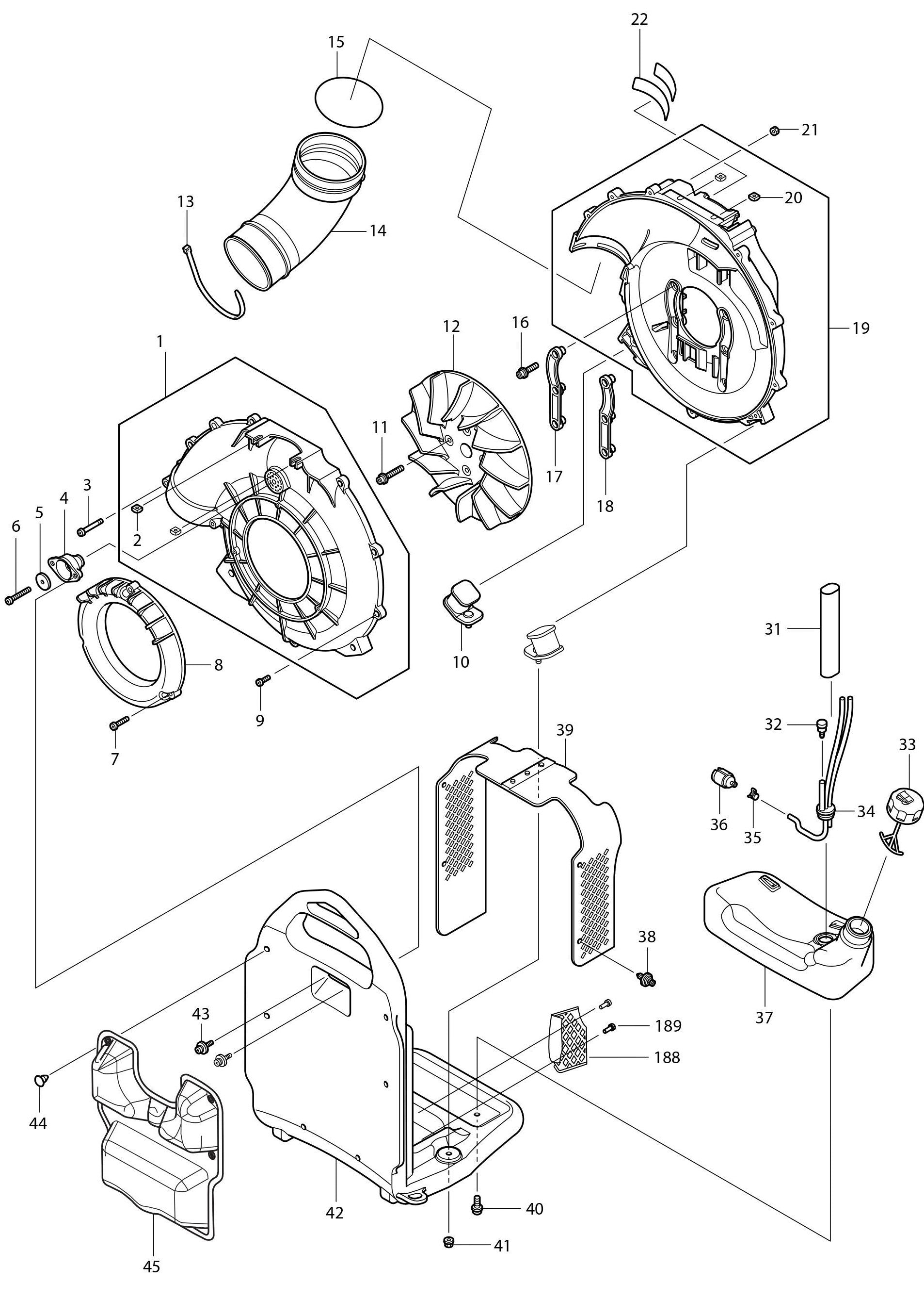 Volute Case, Cushion Assembly Parts For BBX7600N Blower, BBX7600N - 4-Stroke Bagpack Blower, BBX7600 - 4-Stroke Bagpack Blower, BBX7600CA - 75.6 CC Bagpack Blower Parts By Makita