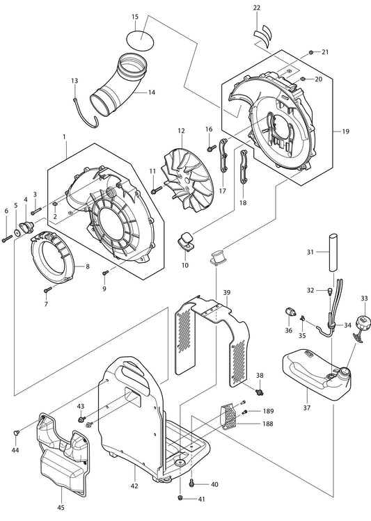 Volute Case, Cushion Assembly Parts For BBX7600N Blower, BBX7600N - 4-Stroke Bagpack Blower, BBX7600 - 4-Stroke Bagpack Blower, BBX7600CA - 75.6 CC Bagpack Blower Parts By Makita