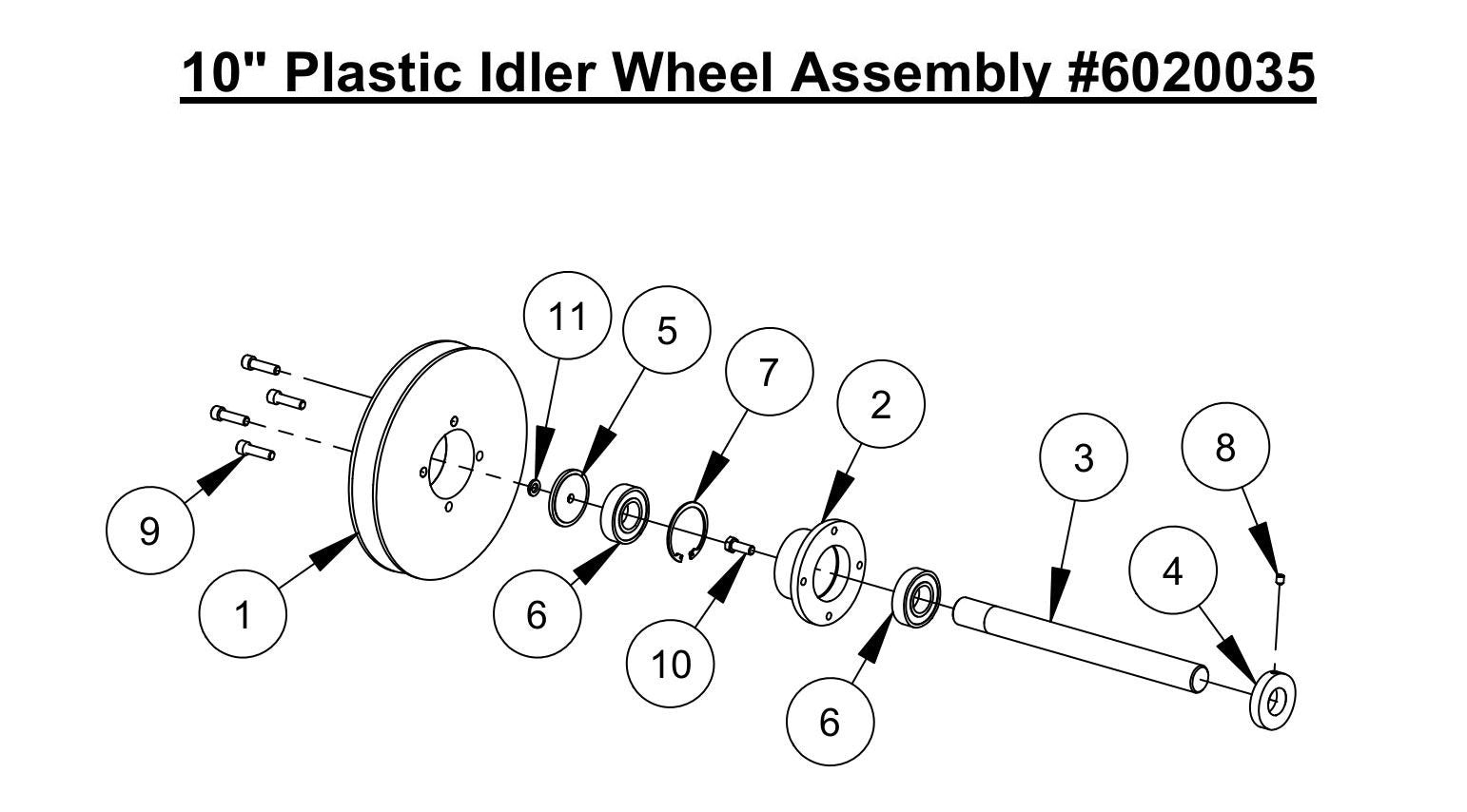 WS25 10" Plastic Idler Wheel Assembly Parts