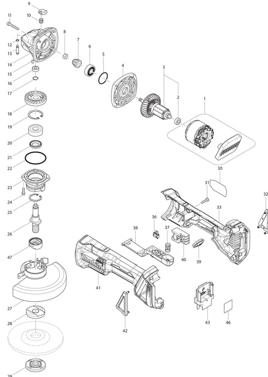 XAG11Z Angle Grinder Assembly Parts By Makita