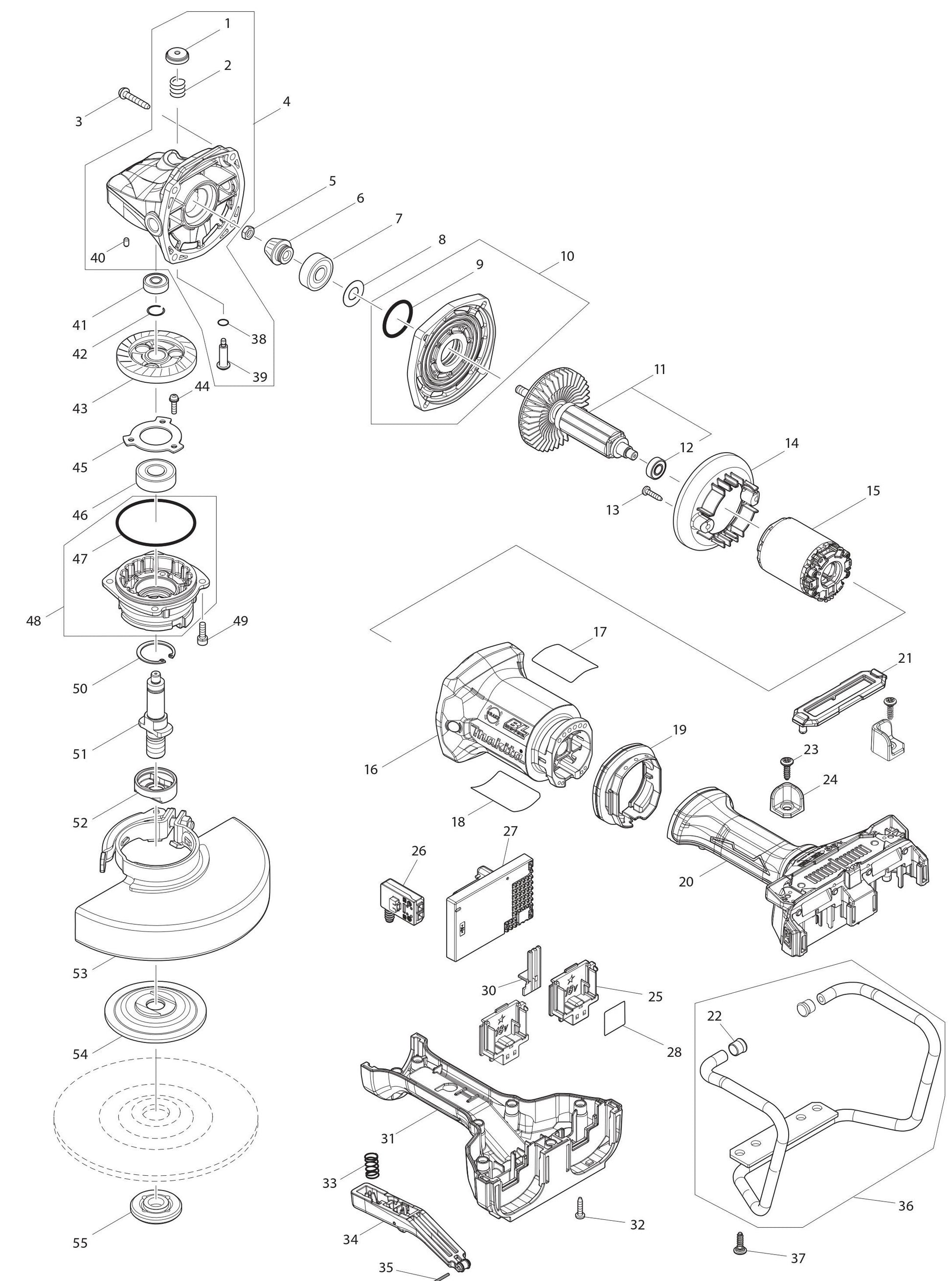 XAG12Z1 Angle Grinder Assembly Parts By Makita