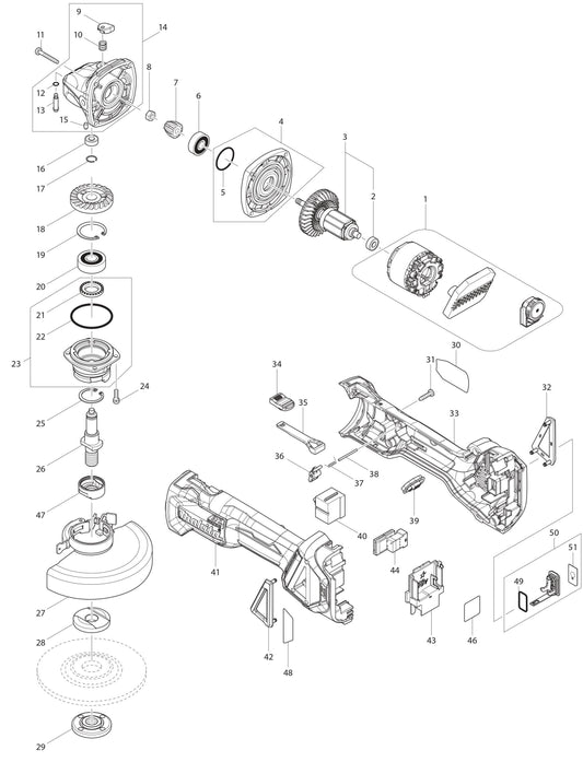 XAG17ZU Angle Grinder Assembly Parts By Makita