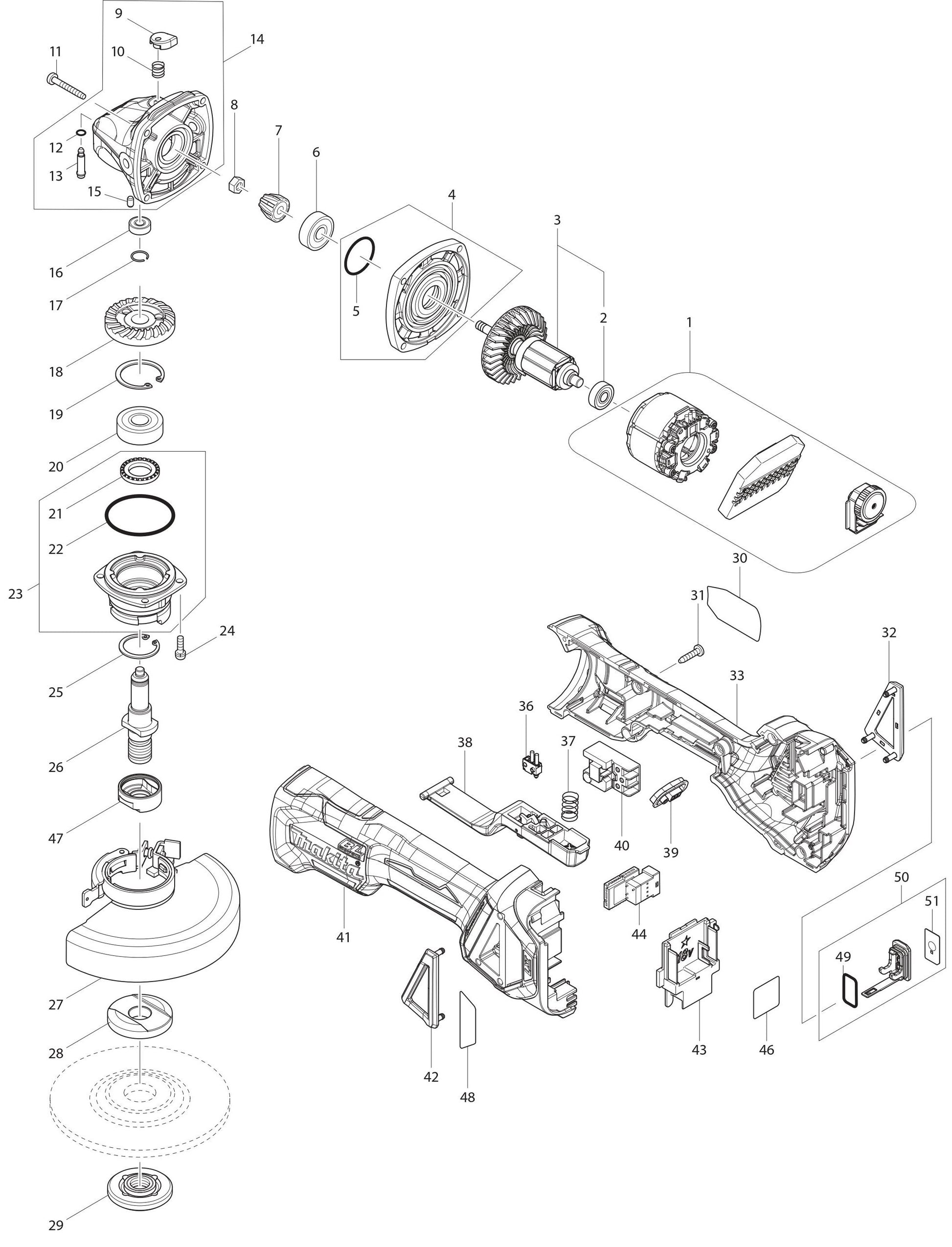 XAG21ZU Angle Grinder Assembly Parts By Makita