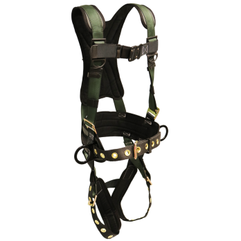 22850B Full Body Harness, single back dorsal d-ring, hip d-rings, waist pad w/removable tool belt, shoulder/back pad, leg pads, tongue buckle legs by FrenchCreek Production Green