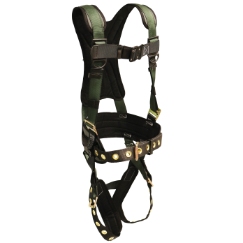 22850 Full Body Harness, single back dorsal d-ring, waist pad w/removable tool belt, shoulder/back pad, leg pads, tongue buckle legs by FrenchCreek Production Green
