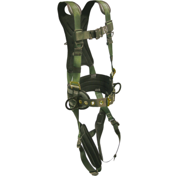 22870B Full Body Harness, single back dorsal d-ring, hip d-rings, waist pad w/removable tool belt, shoulder/back pad, leg pads, bayonet buckle legs by FrenchCreek Production Green