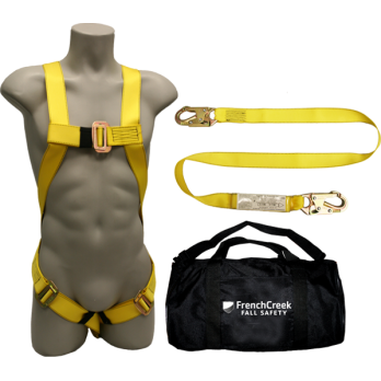 631-KIT Full Body Harness, single back dorsal d-ring, pass-thru legs,  shock absorbing lanyard, and carry bag by FrenchCreek Production Yellow
