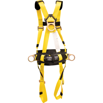 830AB Full Body Harness, single back dorsal d-ring, hip positioning d-rings, waist pad w/ removable tool belt, shoulder pads, Pass-thru buckle legs by FrenchCreek Production Yellow