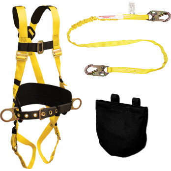 850AB-KIT Full Body Harness, single back dorsal d-ring, hip positioning d-rings, waist pad w/removable tool belt, shoulder pads, tongue buckle legs, shock absorbing lanyard and carry pouch by FrenchCreek Production Yellow