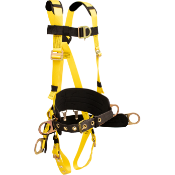 850ABTH Full Body Harness, back dorsal d-ring, hip positioning d-rings, chest d-ring, waist pad w/removable tool belt, removable suspension saddle with d-rings, shoulder pads, tongue buckle legs by FrenchCreek Production Yellow