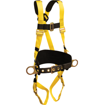850AB Full Body Harness, single back dorsal d-ring, hip positioning d-rings, waist pad w/removable tool belt, shoulder pads, tongue buckle legs by FrenchCreek Production Yellow