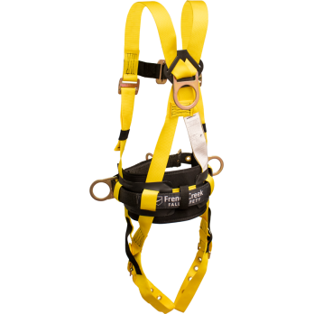 850B-TS Full Body Harness, single back dorsal d-ring, front waist d-ring, hip d-rings, comfort waist pad, removable tool belt, tongue buckle legs by FrenchCreek Production Yellow