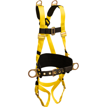 850BD Full Body Harness, single back dorsal d-ring, hip positioning d-rings, shoulder D-rings, waist pad w/removable tool belt, shoulder pads, tongue buckle legs by FrenchCreek Production Yellow
