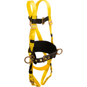 853B Full Body Harness, single back dorsal d-ring, hip positioning d-rings, waist pad w/removable tool belt, sub-pelvic strap,  tongue buckle legs by FrenchCreek Production Yellow