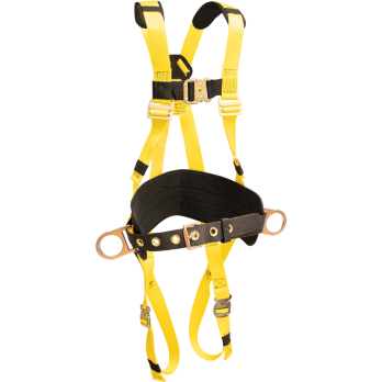 870AB Full Body Harness, single back dorsal d-ring, hip positioning d-rings, waist pad w/removable tool belt, shoulder pads, bayonet buckle legs by FrenchCreek Production Yellow