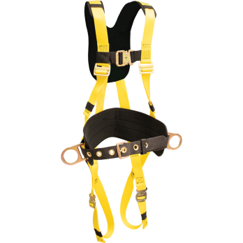 870BP Full Body Harness, single back dorsal d-ring, hip positioning d-rings, waist pad w/removable tool belt, comfort shoulder/back pad, bayonet buckle legs by FrenchCreek Production Yellow
